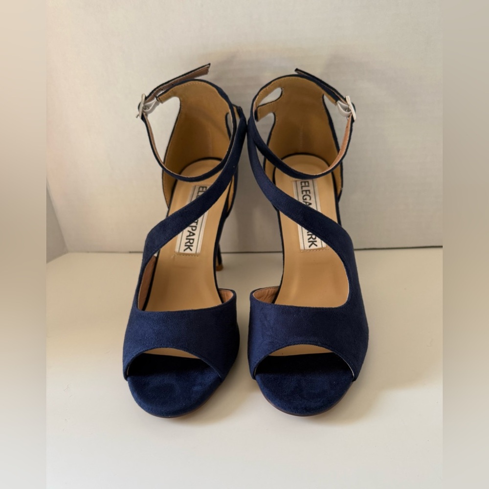 ELEGANTPARK Suede High Heel Strappy Sandals Peep Toe Shoes Navy Blue Size 7.5